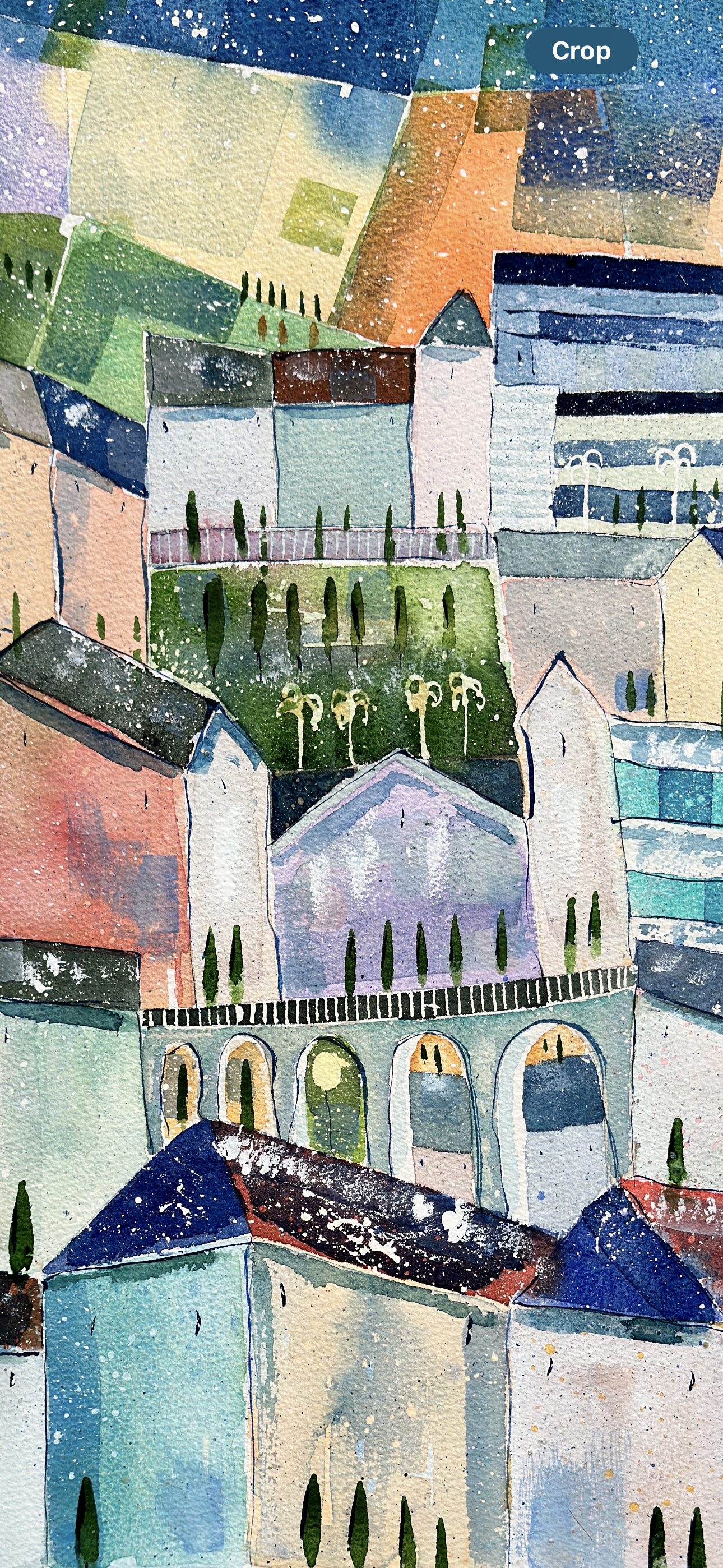 The old town at night with cypress trees (Original, Signed and Framed)