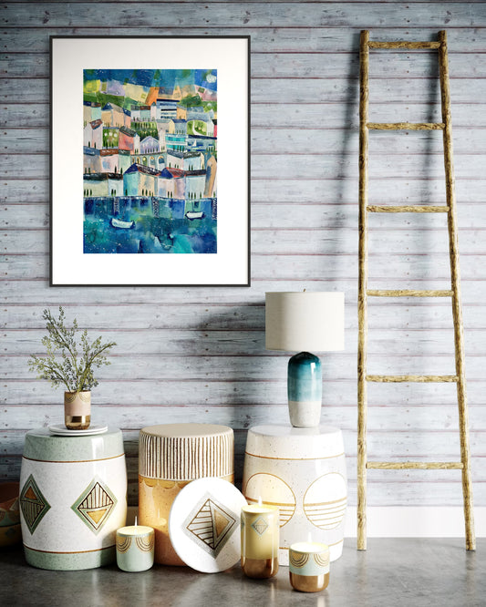 The old town at night with cypress trees (Original, Signed and Framed)