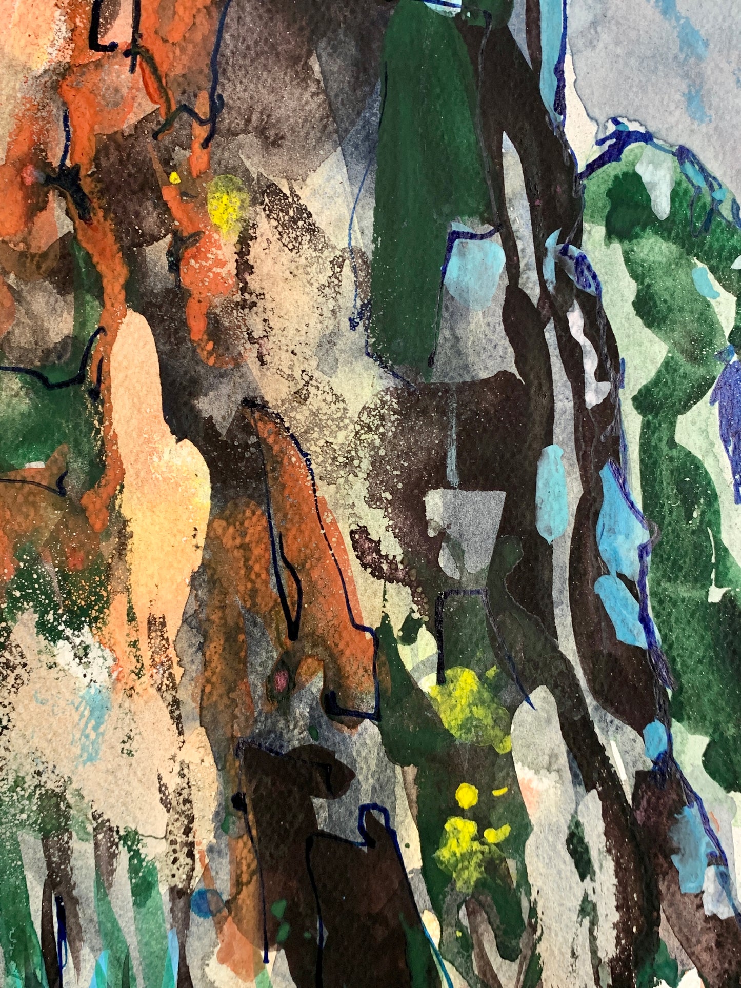Painting of a gorge in watercolor and opaque gouache full of vibrancy, inspired by Piet Mondrian