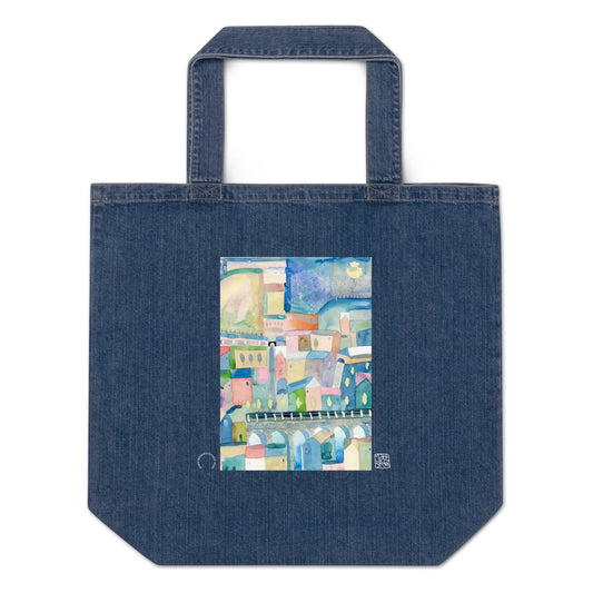 Organic denim tote bag - Happy Town