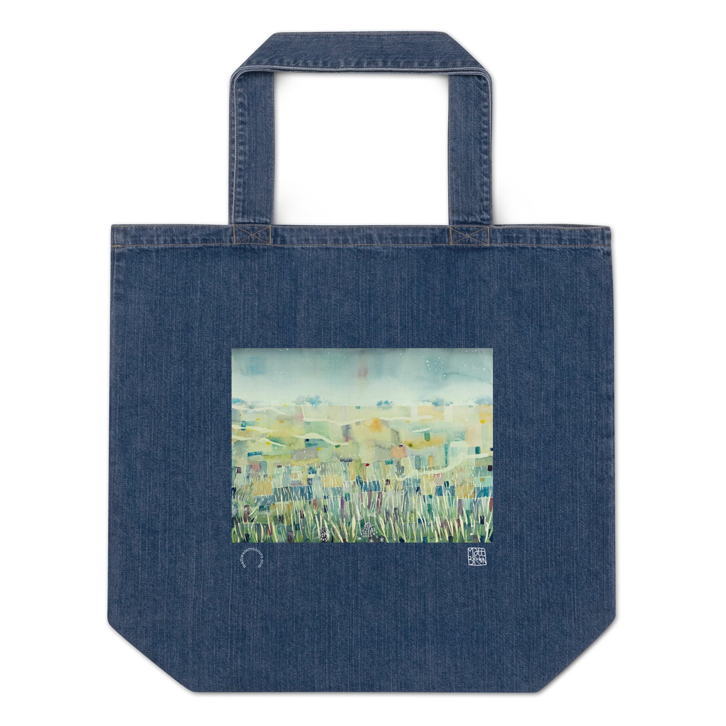 Organic denim tote bag - Poppy in a Barley Field