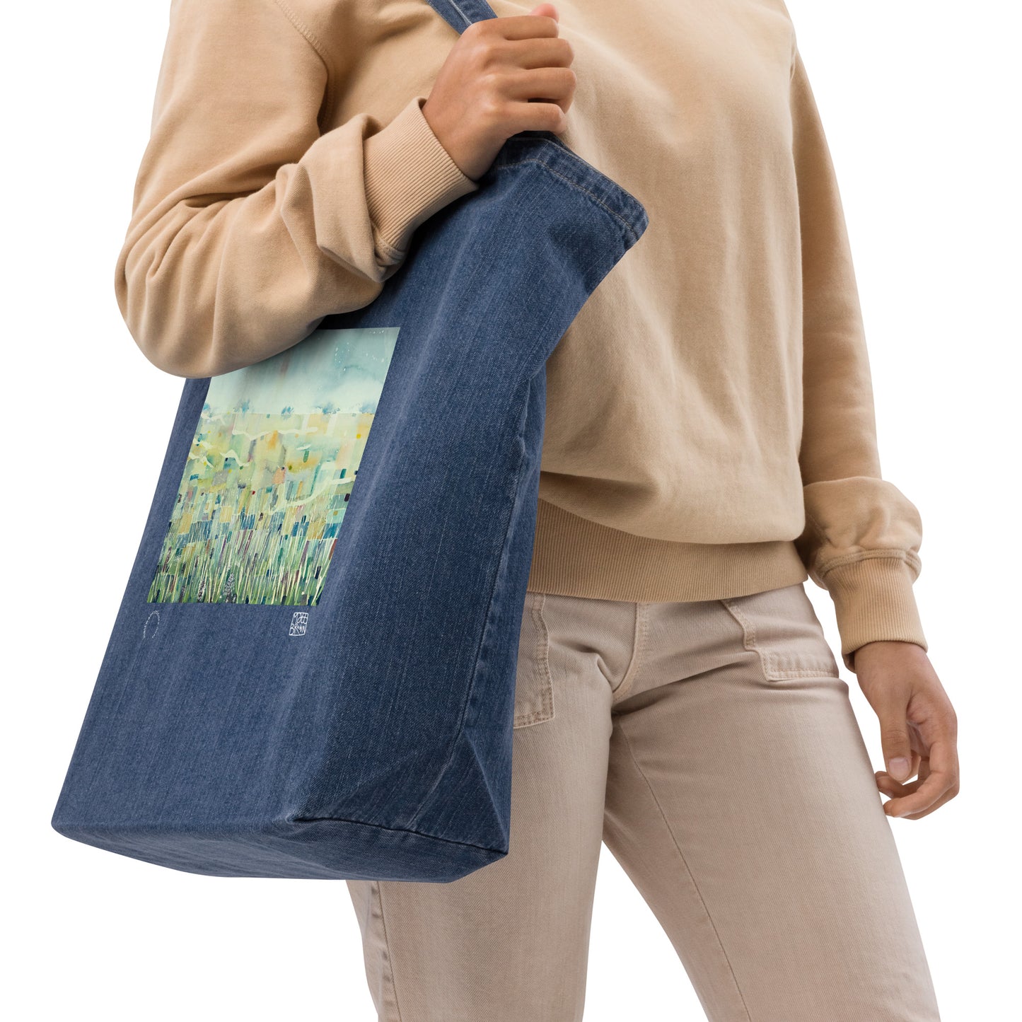 Organic denim tote bag - Poppy in a Barley Field